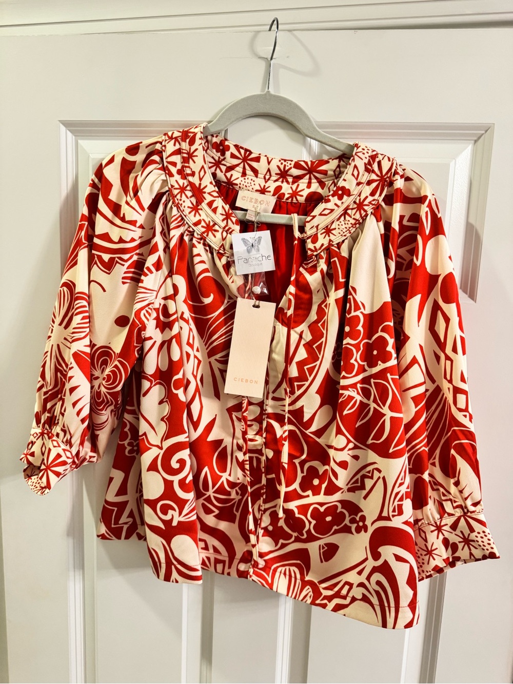 Red and Cream Printed Peasant Blouse